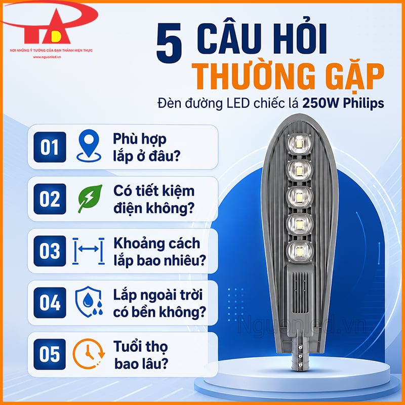 Bộ câu hỏi thường gặp về đèn đường LED chiếc lá 250W Philips
