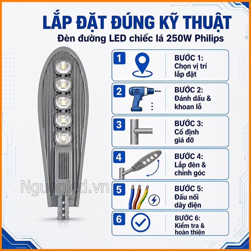 Quy trình lắp đặt đèn đường LED chiếc lá 250W Philips theo 6 bước kỹ thuật