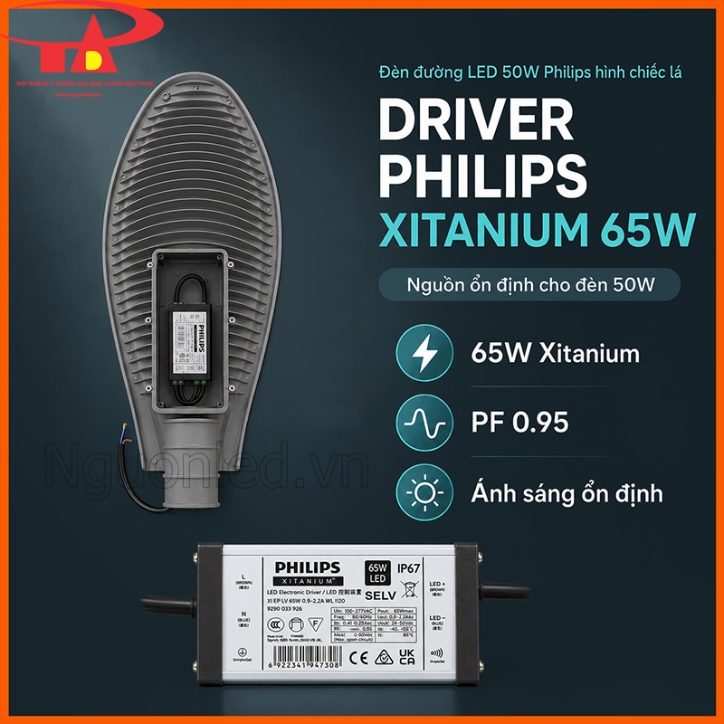 Driver Philips Xitanium 65W lắp trong thân đèn đường LED 50W Philips hình chiếc lá