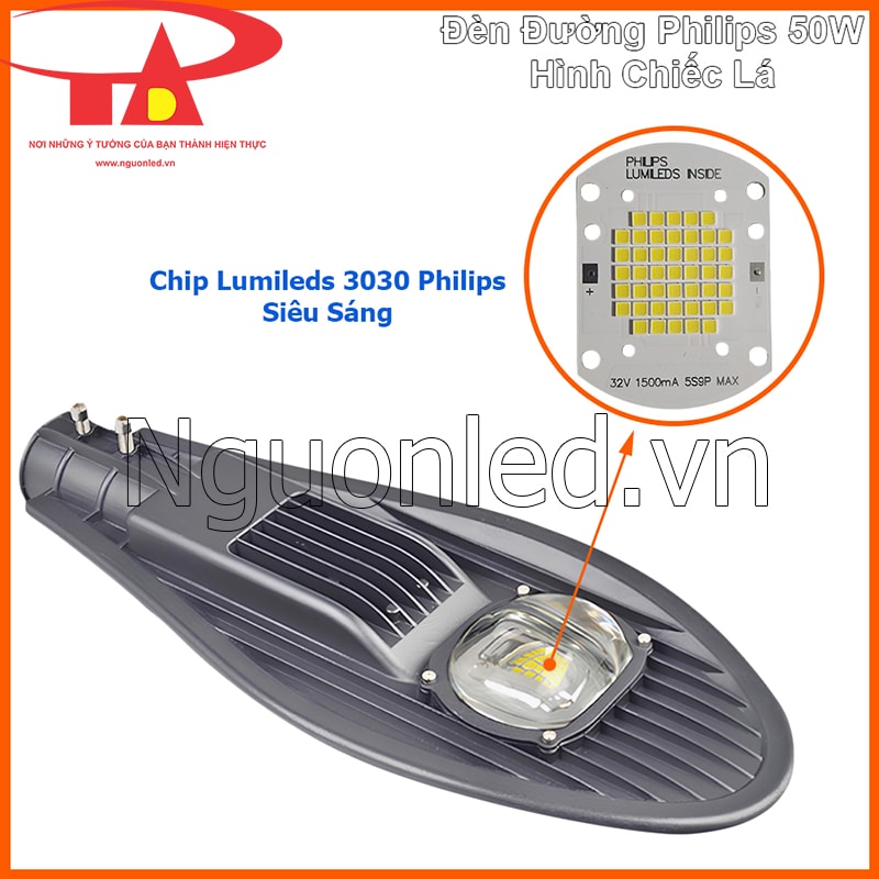 Chip Lumileds 3030 Philips trên đèn đường LED chiếc lá 50W Philips cho ánh sáng ổn định và phân bố đều
