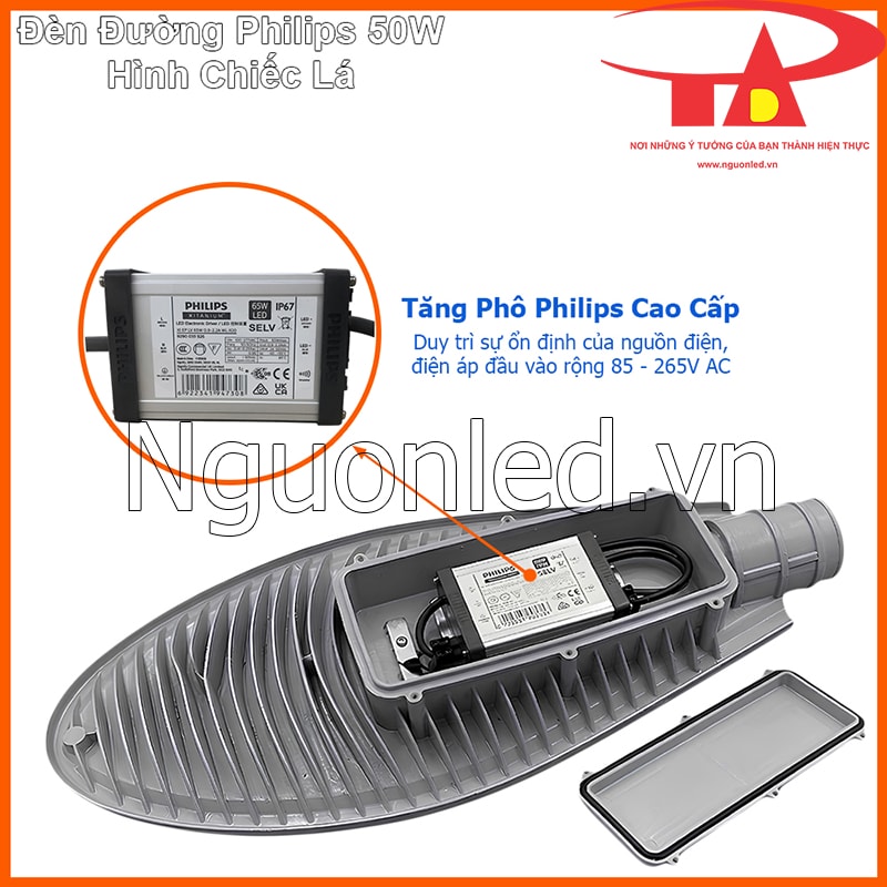 Driver Philips Xitanium bên trong đèn đường LED chiếc lá 50W giúp ổn định điện áp và tăng độ bền