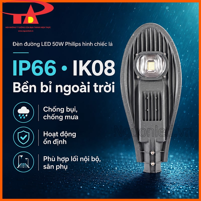 Đèn đường LED 50W Philips hình chiếc lá chống bụi, chống mưa và chịu va đập IK08 