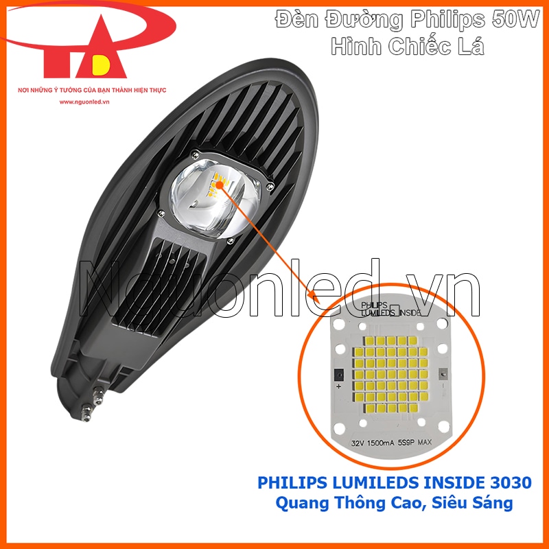 Cận cảnh chip LED của đèn đường Philips 50W hình chiếc lá với lens lúp tăng hiệu quả chiếu sáng