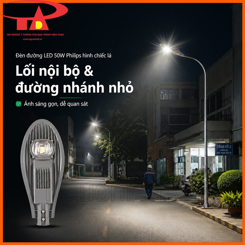 Đèn đường LED 50W Philips hình chiếc lá chiếu sáng đường nhánh nhỏ ban đêm
