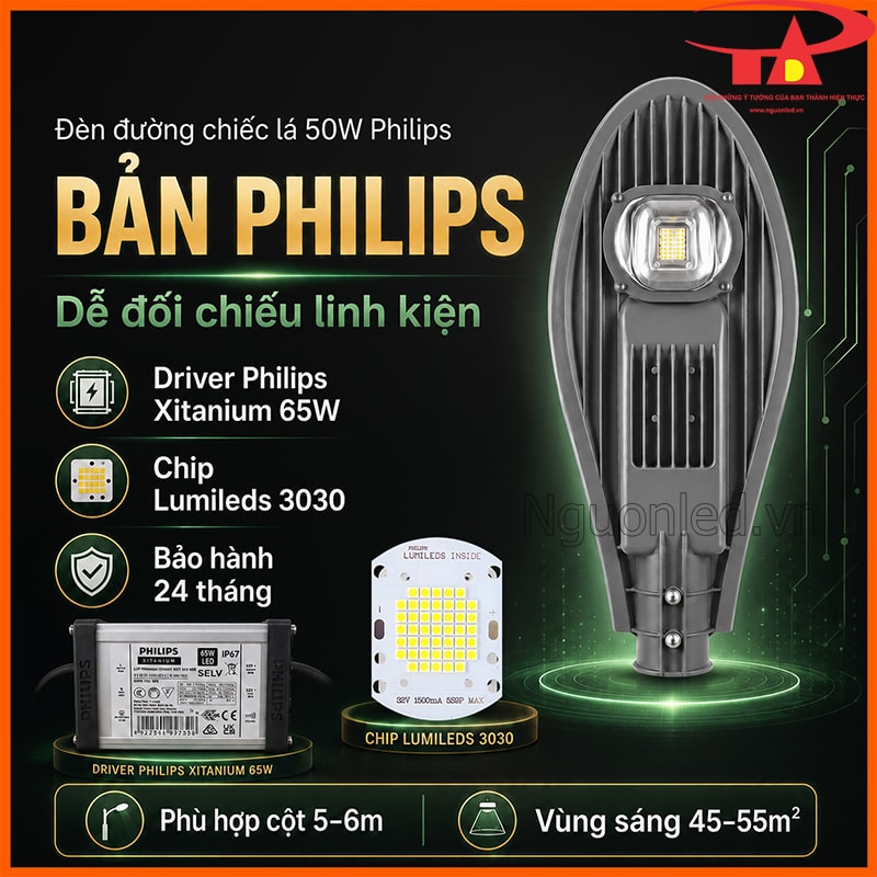 Đèn đường LED 50W Philips hình chiếc lá bản dùng driver Xitanium và chip Lumileds 3030