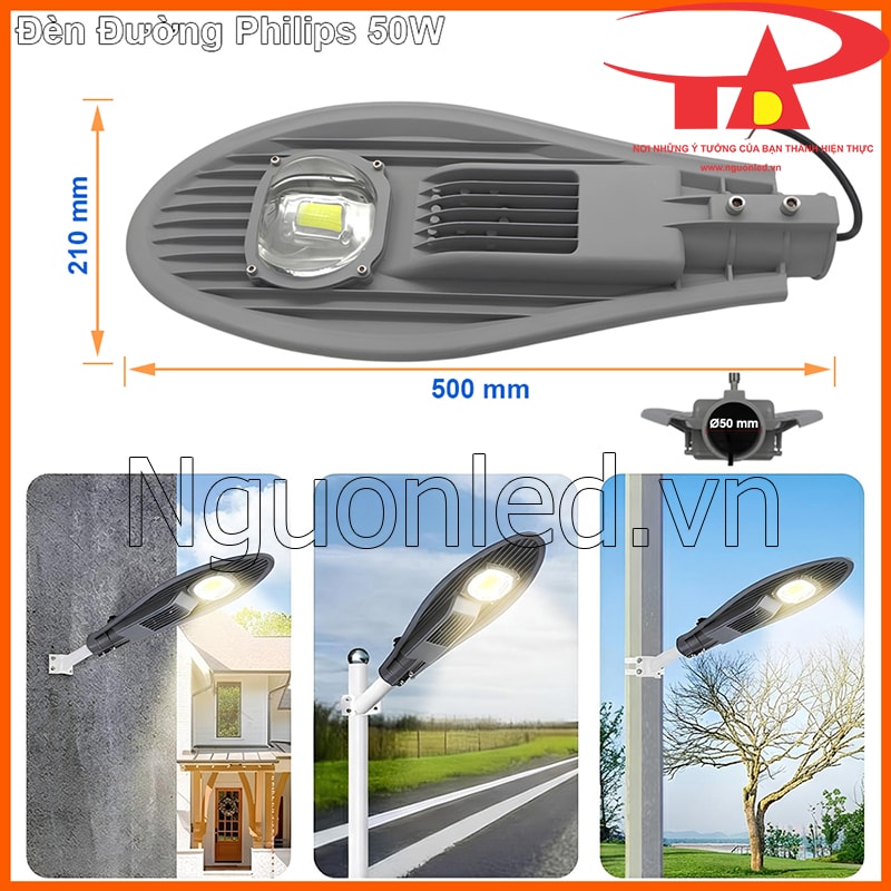 Thiết kế gọn nhẹ của đèn đường LED 50W chiếc lá giúp lắp đặt dễ dàng trên cột hoặc tường