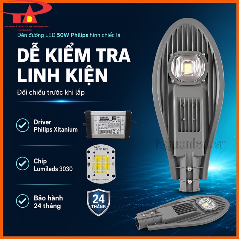 Đèn đường LED 50W Philips hình chiếc lá với driver Xitanium, chip Lumileds và bảo hành 24 tháng