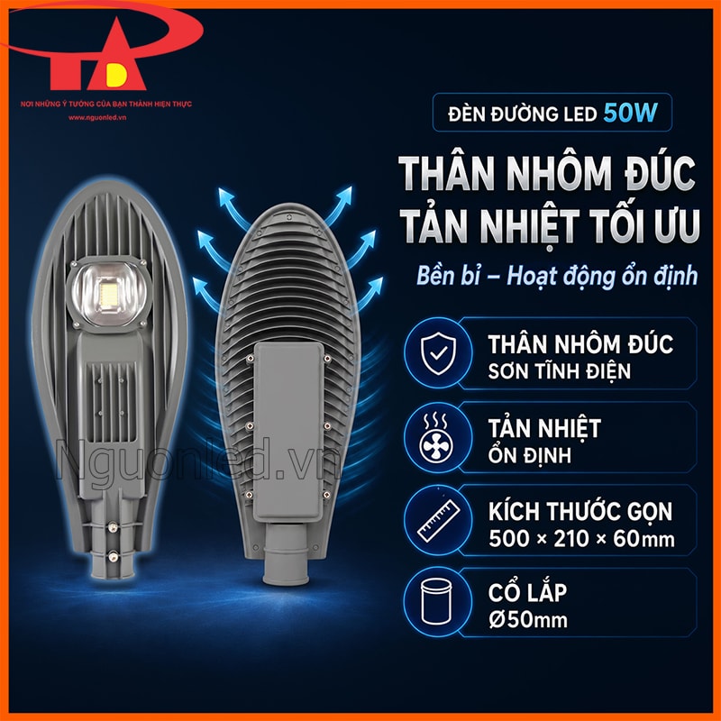 Đèn đường LED 50W Philips hình chiếc lá với thân nhôm đúc tản nhiệt và cổ Ø50mm