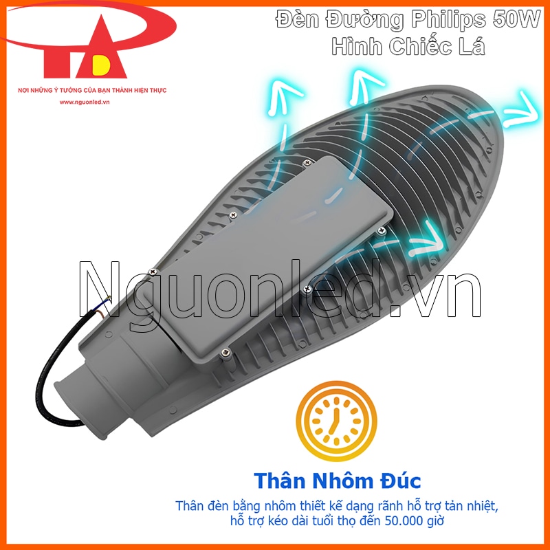 Thiết kế rãnh tản nhiệt trên đèn đường Philips 50W chiếc lá giúp bảo vệ chip LED khi hoạt động lâu dài