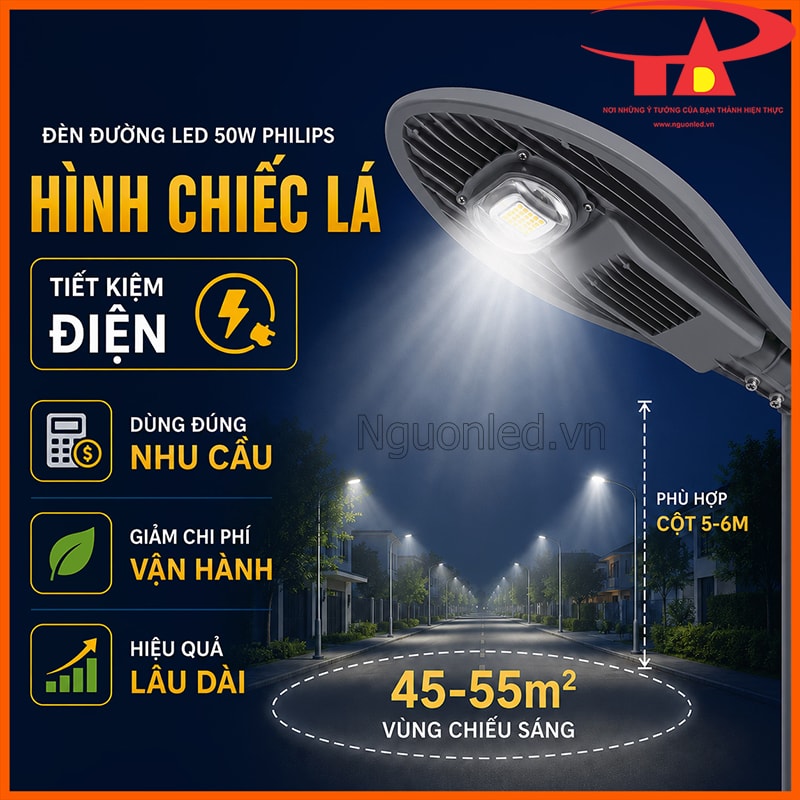 Đèn đường Philips 50W hình chiếc lá chiếu sáng vùng 45–55m² và phù hợp cột 5–6m