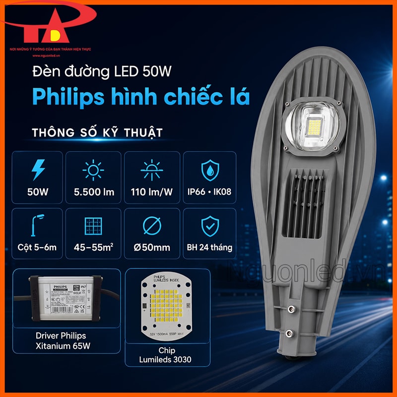 Đèn đường LED 50W Philips hình chiếc lá với thông số 50W, 45–55m², Ø50mm và bảo hành 24 tháng