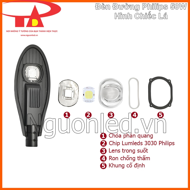 Các lớp bảo vệ chip LED trong đèn đường Philips 50W chiếc lá giúp ổn định ánh sáng ngoài trời
