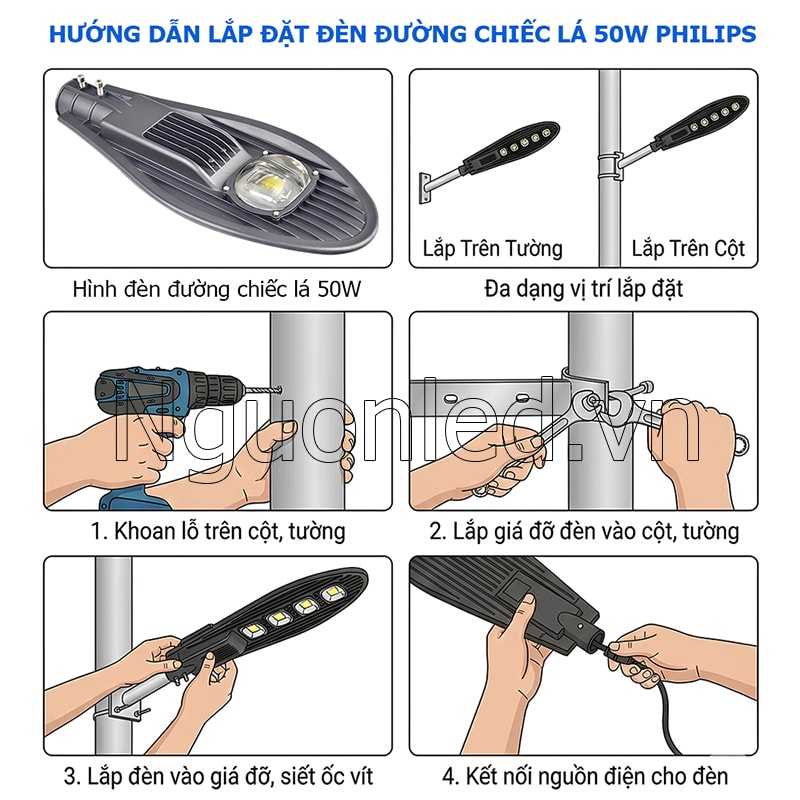 Hướng dẫn lắp đặt đèn đường LED chiếc lá 50W đúng kỹ thuật cho hệ thống chiếu sáng ngoài trời