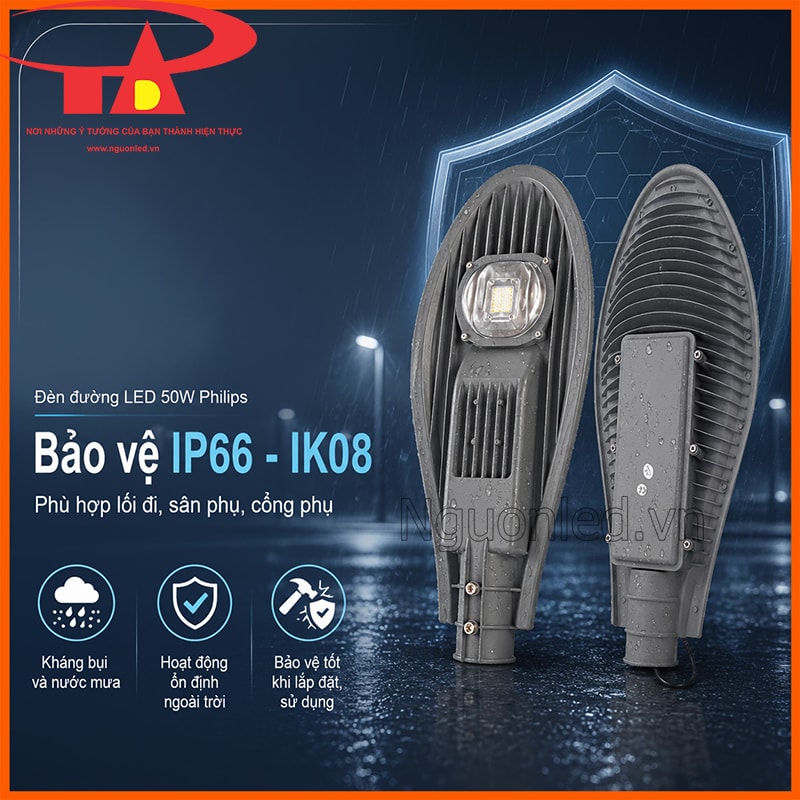 Đèn đường LED Philips 50W hình chiếc lá bảo vệ IP66 IK08 với hai mặt sản phẩm