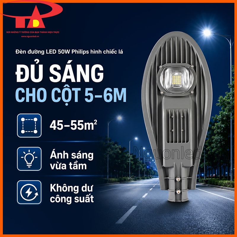 Đèn đường LED 50W Philips hình chiếc lá đủ sáng cho cột 5–6m và vùng chiếu 45–55m²
