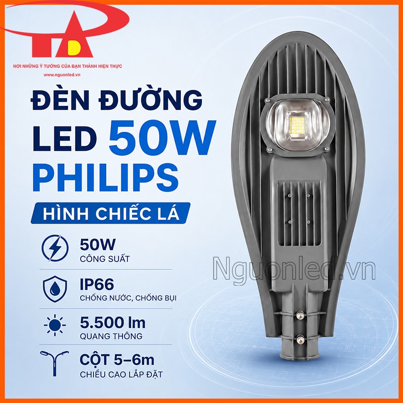 Đèn đường LED 50W Philips hình chiếc lá với 50W, IP66, 5.500 lumen và cột 5–6m