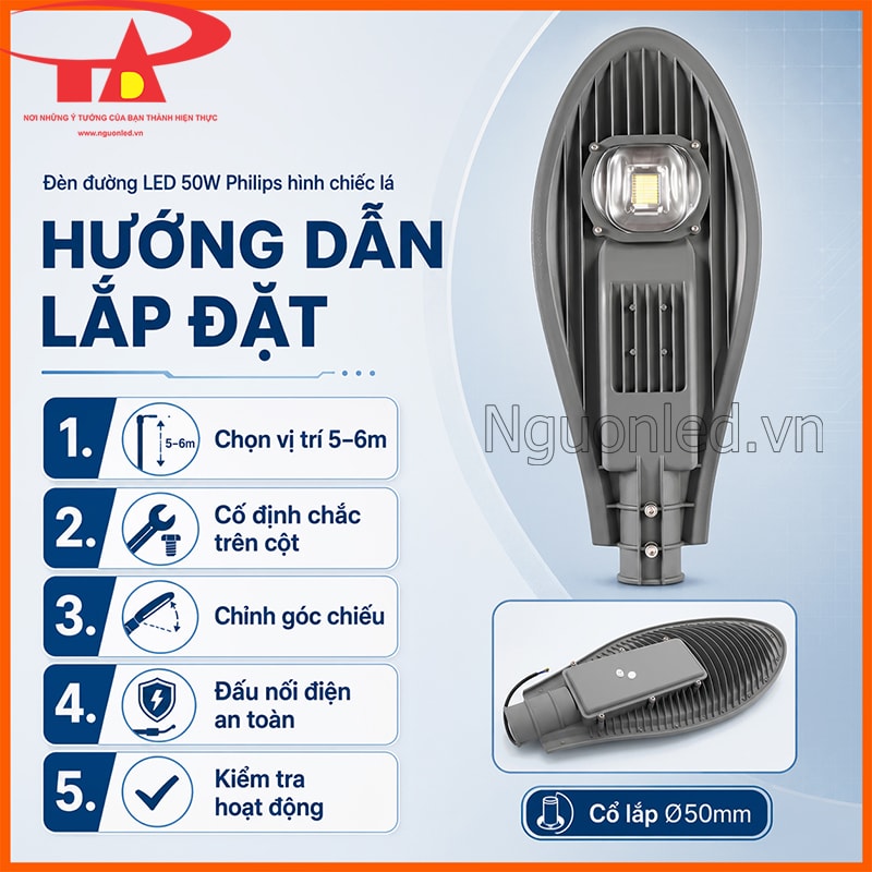 Quy trình lắp đặt đèn đường LED 50W Philips hình chiếc lá theo 5 bước