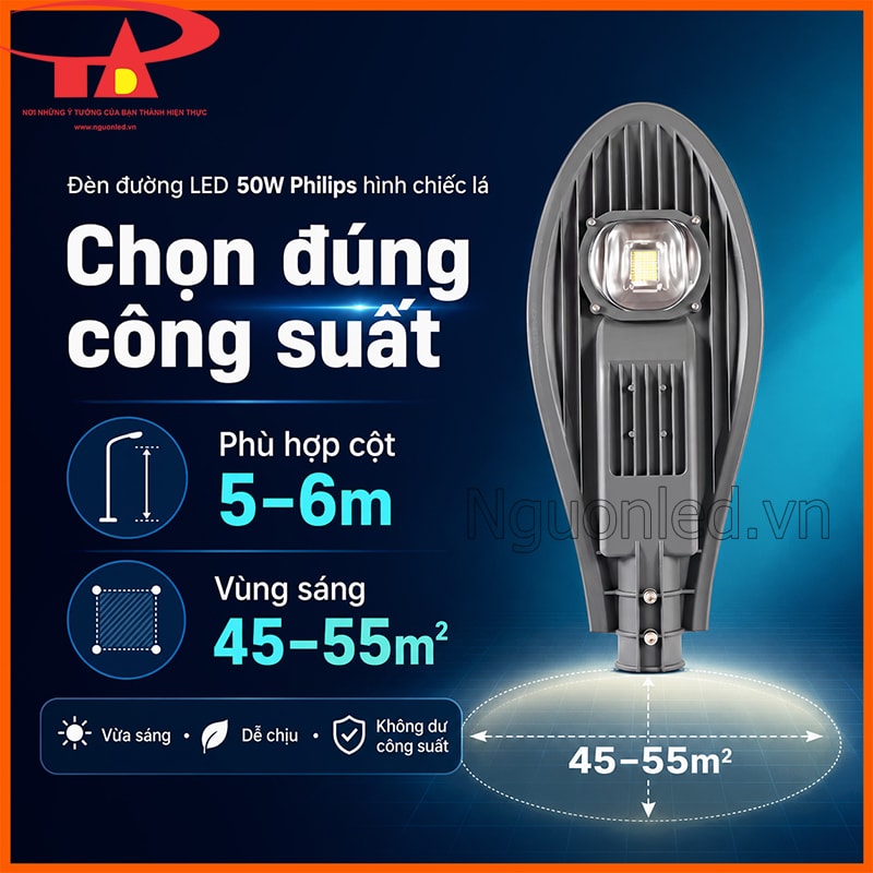 Đèn đường LED 50W Philips hình chiếc lá cho cột 5–6m và vùng sáng 45–55m²