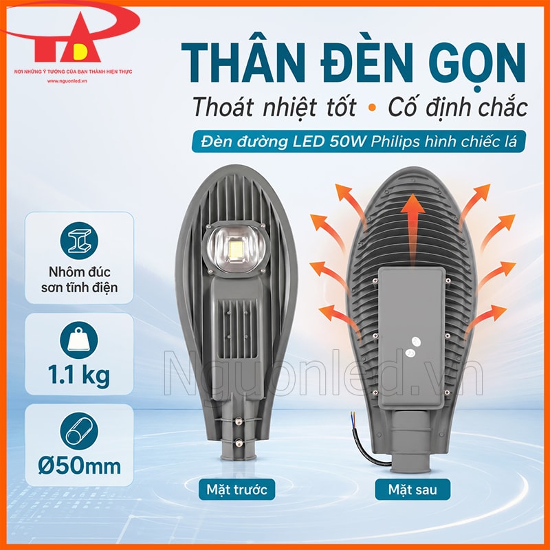 Đèn đường Philips 50W hình chiếc lá với mặt trước, mặt sau, trọng lượng 1.1kg và cổ Ø50mm