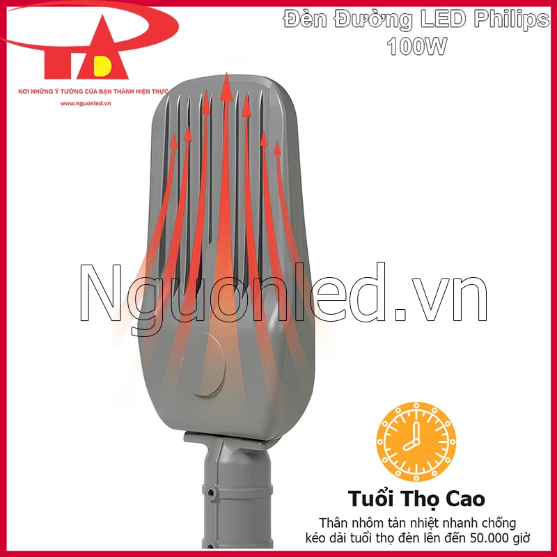 Mặt sau rãnh tản nhiệt trên đèn led đường phố 100W giúp đèn hoạt động ổn định trong môi trường ngoài trời