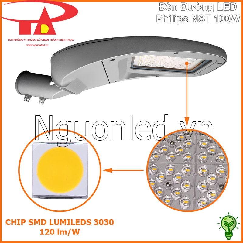 Đèn đường Philips NST 100W với cụm LED, chip SMD Lumileds 3030 và dòng chữ 120 lm/W
