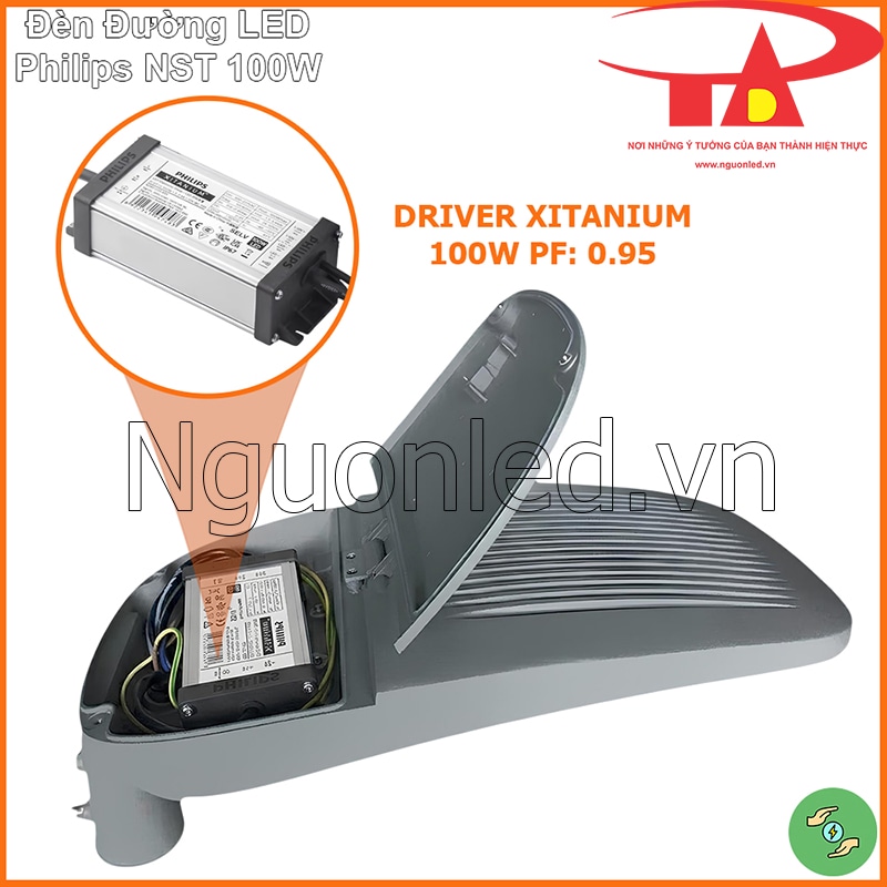 Đèn đường Philips NST 100W mở nắp thân, bên trong có driver Philips Xitanium 100W PF 0.95