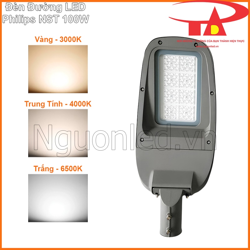 Đèn đường Philips NST 100W cạnh ba vùng ánh sáng 3000K vàng, 4000K trung tính và 6500K trắng