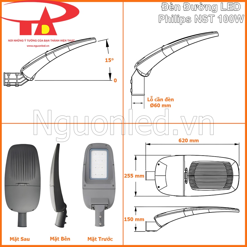 Bản vẽ đèn đường Philips NST 100W với kích thước 620 x 255 x 150mm, lỗ cần Ø60mm và góc 0–15°