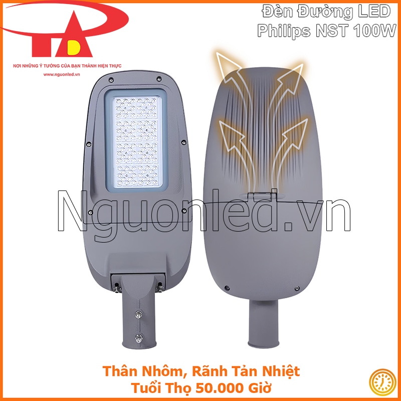 Đèn đường Philips NST 100W nhìn mặt trước và mặt sau với rãnh tản nhiệt, kèm dòng tuổi thọ 50.000 giờ
