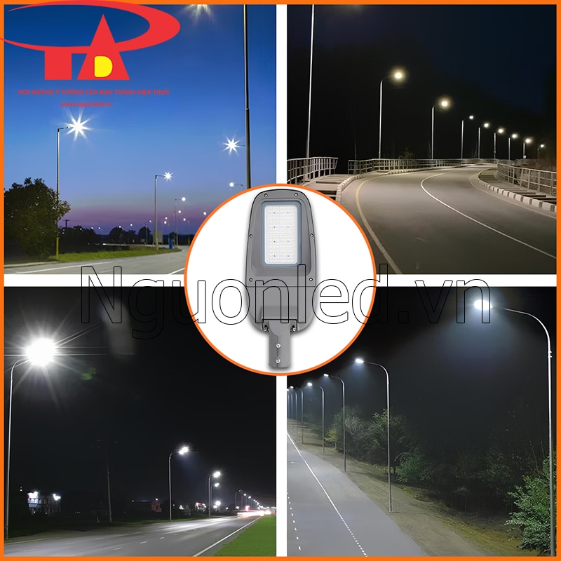 Đèn đường LED Philips NST 100W đặt giữa bốn cảnh đường và cầu được chiếu sáng ban đêm