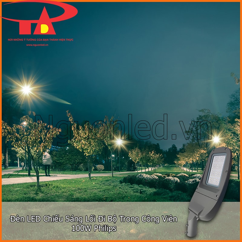 Đèn LED chiếu sáng đường 100W ghép trên cảnh lối đi bộ trong công viên có cây xanh ban đêm