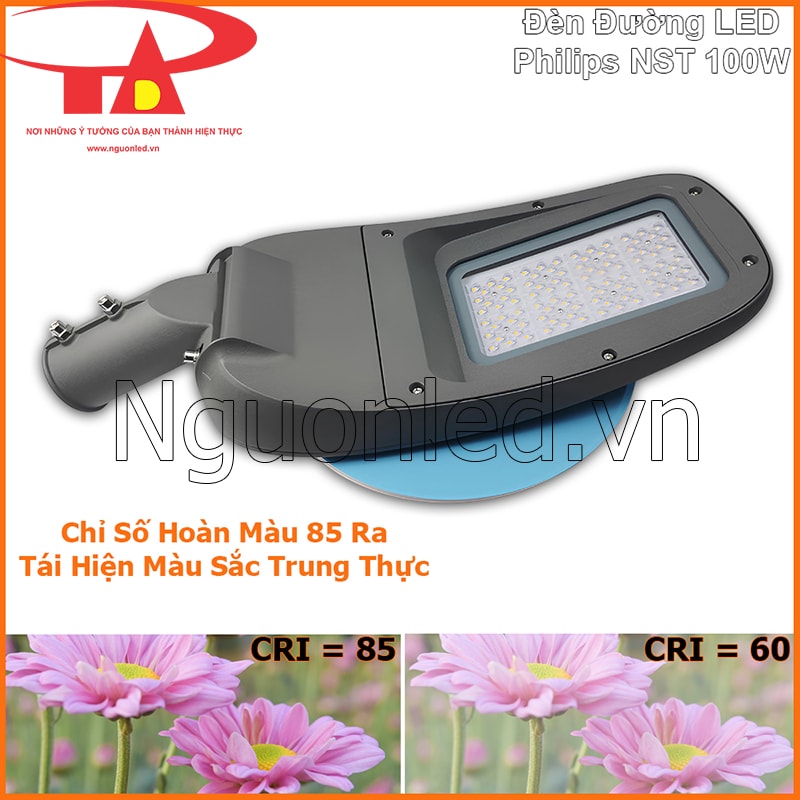 Đèn đường Philips NST 100W kèm so sánh hoa dưới ánh sáng CRI 85 và CRI 60
