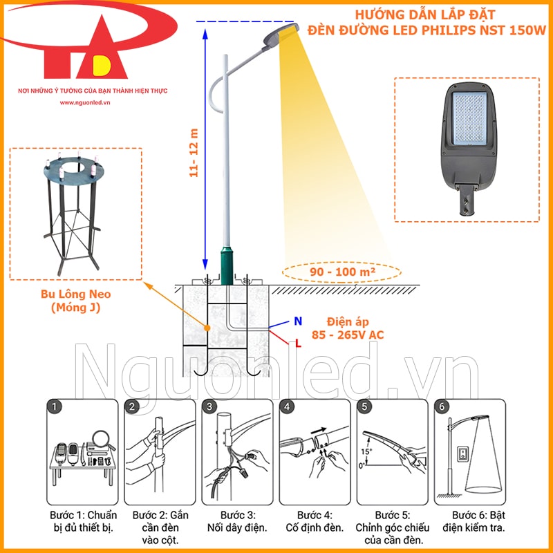 Sơ đồ lắp đặt Đèn đường Philips NST 150W với cột 11–12m và vùng chiếu 90–100m²