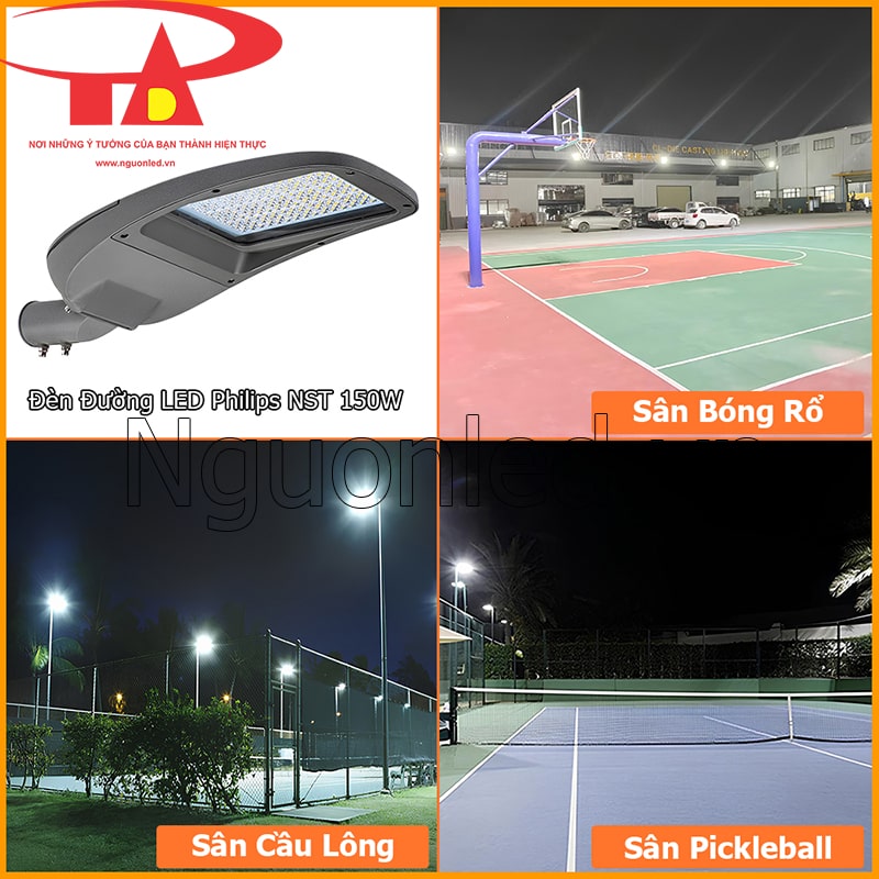 Đèn đường Philips NST 150W trong bối cảnh sân bóng rổ, cầu lông và pickleball