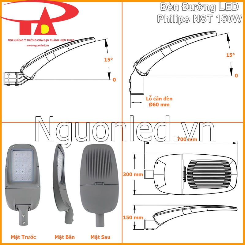 Sơ đồ kích thước Đèn đường Philips NST 150W với lỗ cần Ø60mm và góc 0–15°