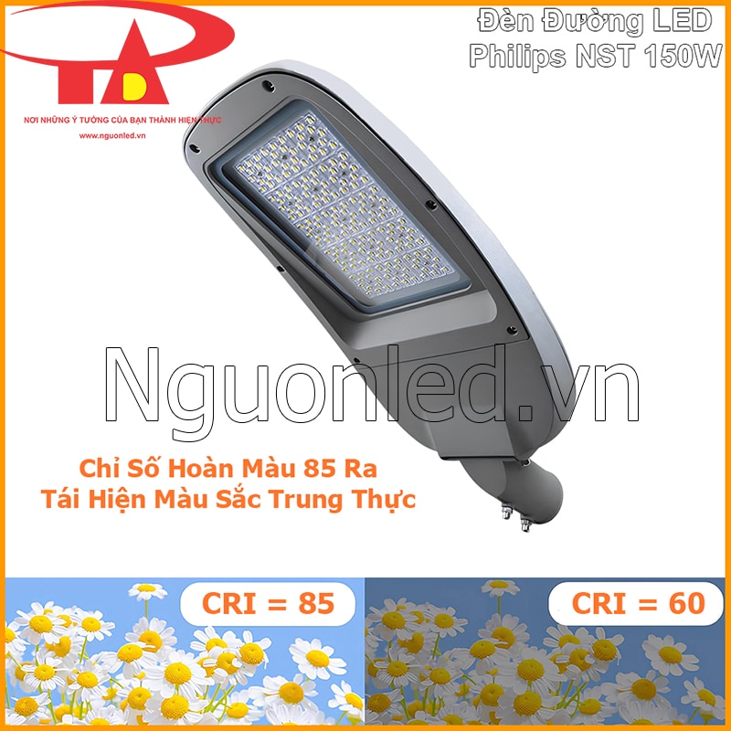 Đèn đường Philips NST 150W với chỉ số hoàn màu 85 Ra và ví dụ hoa trắng