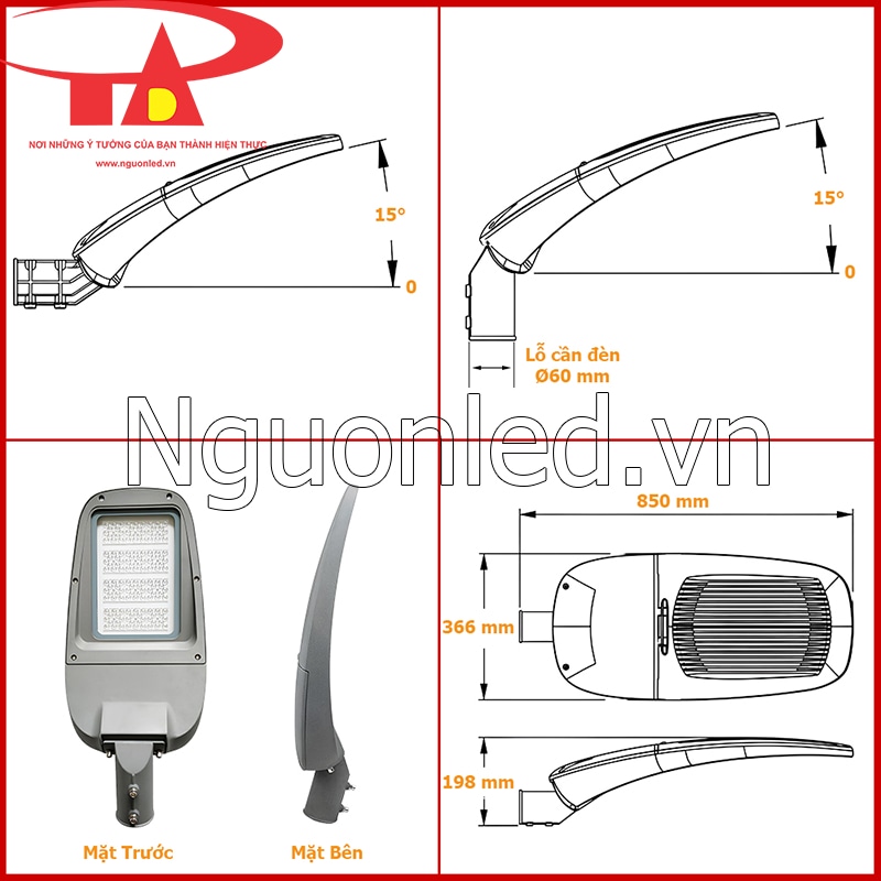 Đèn đường Philips NST 200W với lỗ cần Ø60 mm và góc gập 0 – 15 độ