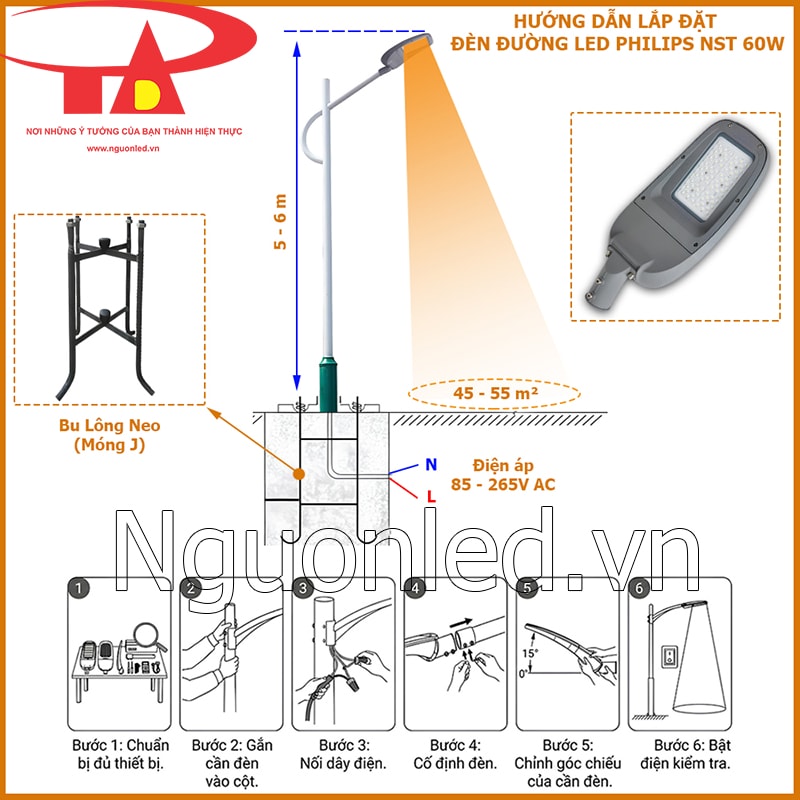 Sơ đồ lắp đặt đèn đường LED Philips NST 60W trên cột 5–6m, vùng chiếu 45–55m² và nguồn 85–265V AC