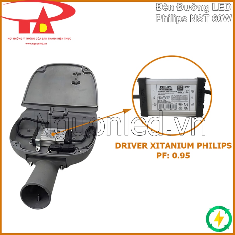 Đèn đường Philips NST 60W mở nắp, bên trong có driver Philips Xitanium và thông số PF 0.95