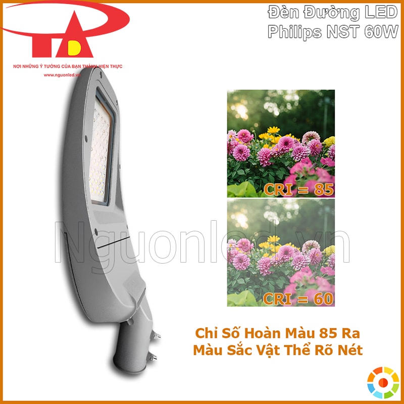 Đèn đường Philips NST 60W đặt cạnh hình so sánh hoa ở CRI 85 và CRI 60