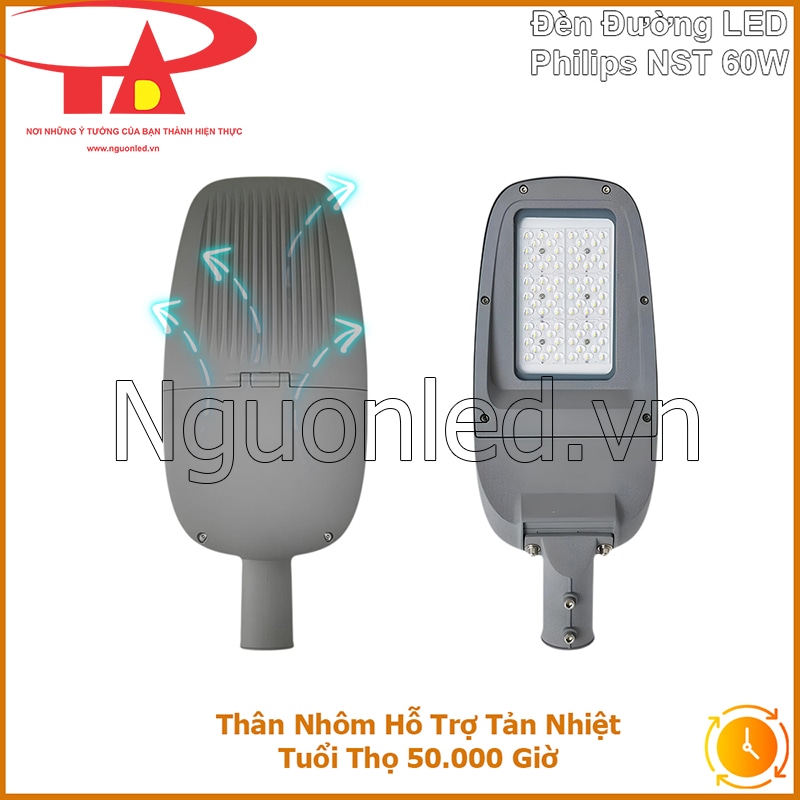 Mặt trước và mặt sau đèn đường Philips NST 60W với mũi tên thoát nhiệt trên rãnh thân nhôm