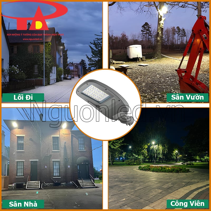 Đèn đường LED Philips NST 60W đặt giữa bốn khu vực ngoài trời gồm lối đi, sân vườn, sân nhà và công viên.