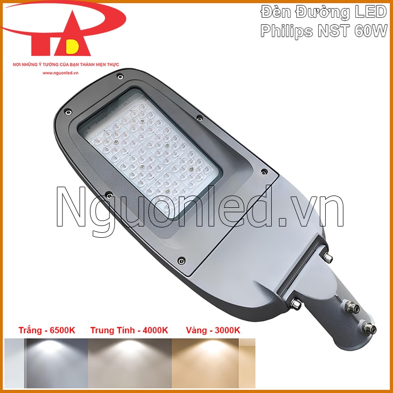 Đèn đường Philips 60W kèm ba dải màu ánh sáng trắng 6500K, trung tính 4000K và vàng 3000K
