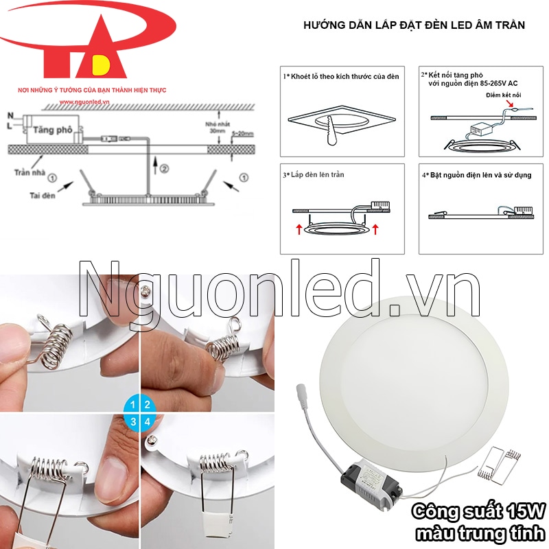 Đèn led downlight âm trần 15W - dễ dàng lắp đặt