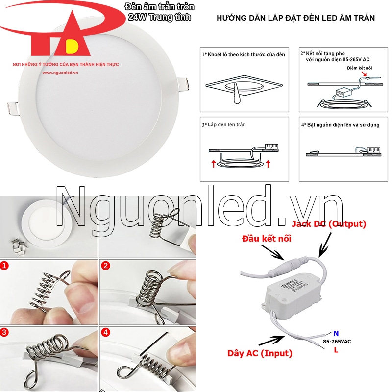 Cách lắp đặt đèn led âm trần tròn 24W 4000K