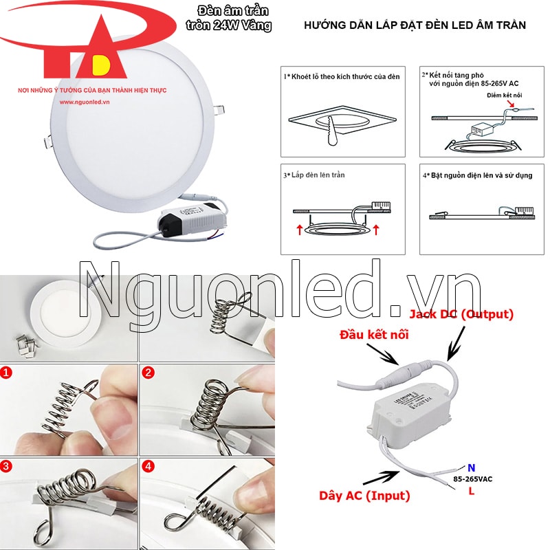 Cách lắp đặt đèn led âm trần tròn 24w màu vàng