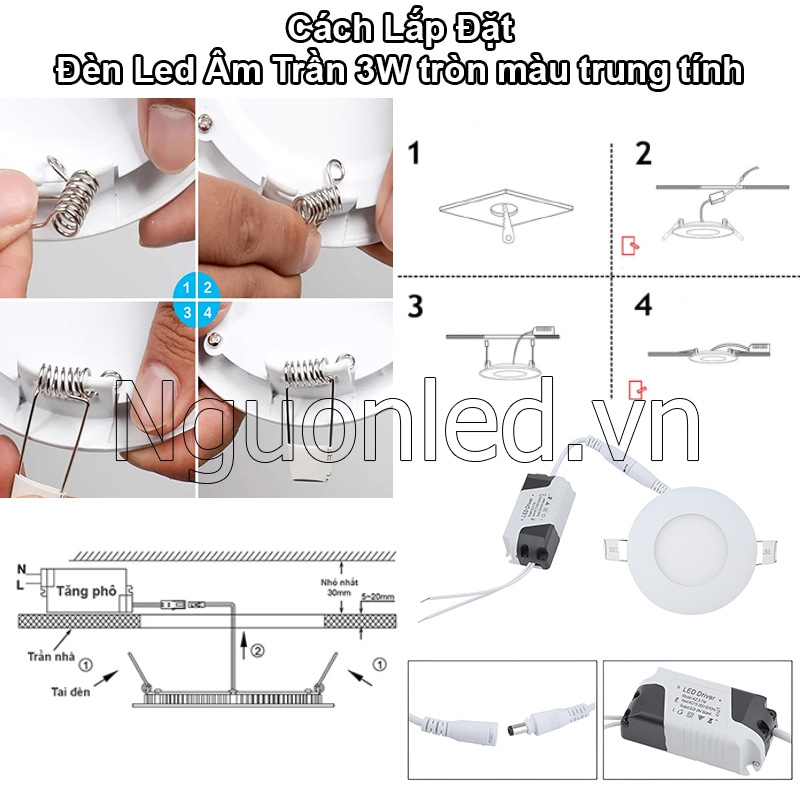 Hướng dẫn lắp đặt đèn led âm trần tròn 3W siêu mỏng