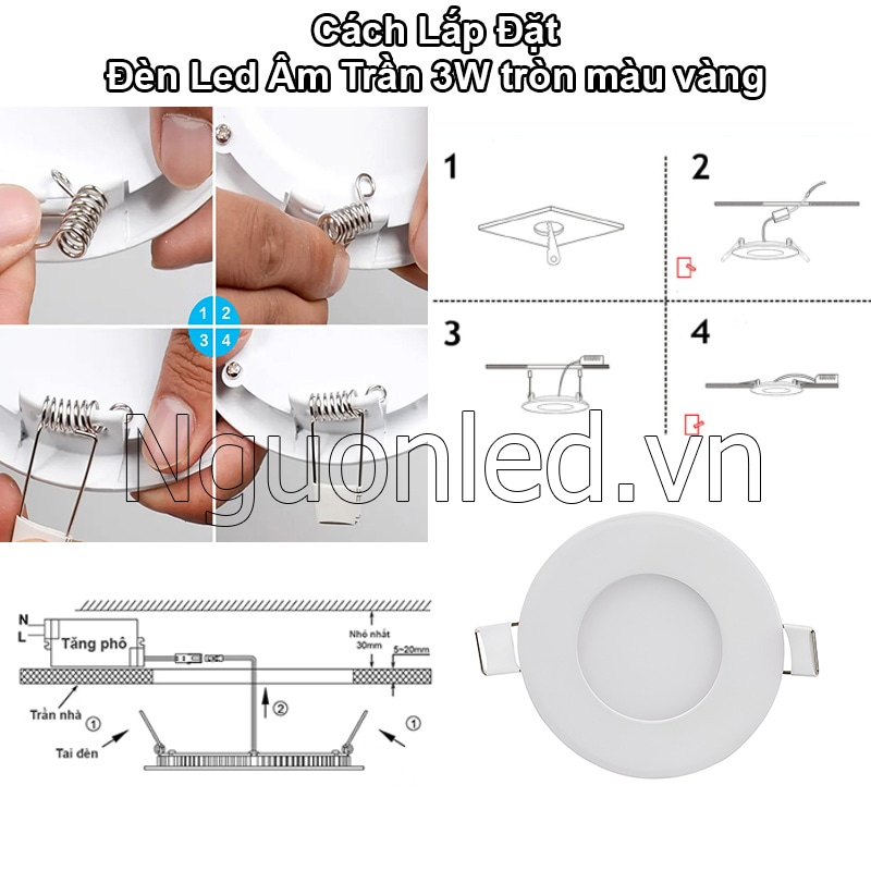 Cách lắp đặt đèn led âm âm trần tròn siêu mỏng 3W