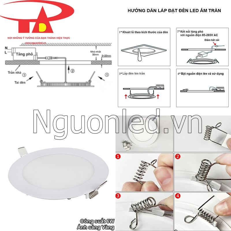 Hướng dẫn lắp đặt đèn led âm trần 6W tròn ánh sáng vàng