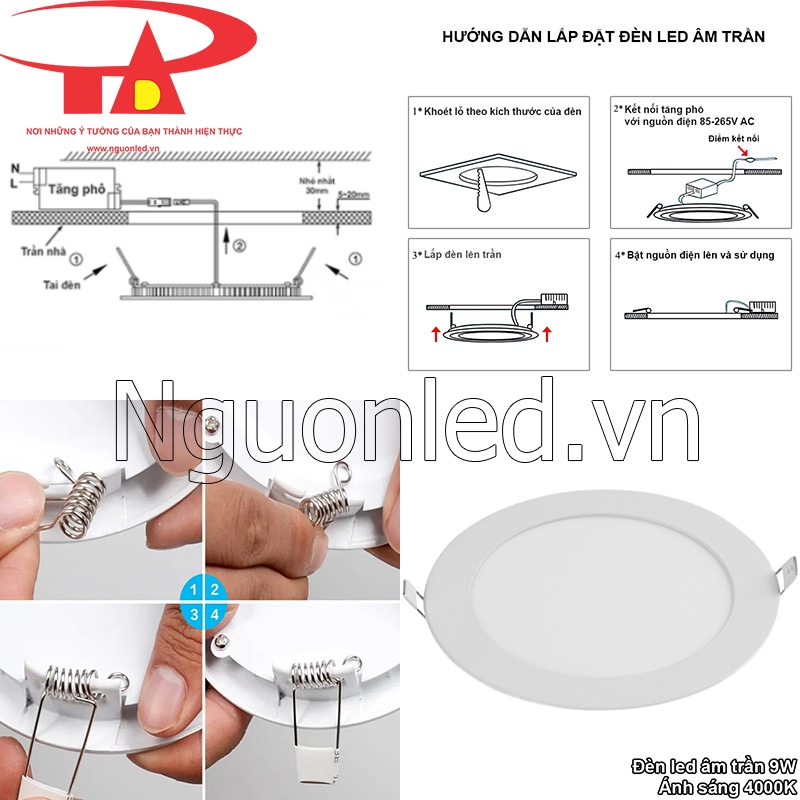 Đèn led âm trần thạch cao 9W trung tính - Lắp đặt dễ dàng